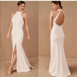 BHLD High Neckline Juliana Stretch Crepe Maxi Dress, side slit silhouette size 4